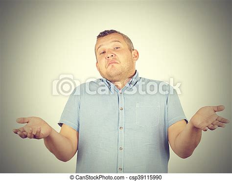 Fat Man Shrugging Shoulders I Dont Know Gesture Isolated On Background