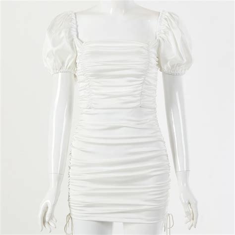 Feditch 2022 Sexy White Summer Dress Puff Sleeves Mini Dress Women
