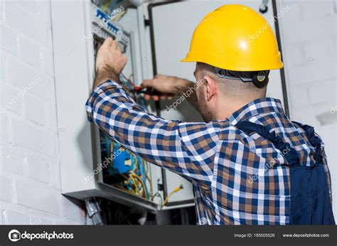 Male Electrician Checking Wires Electrical Box Stock Photo By