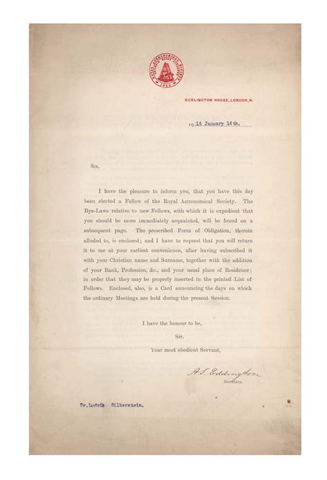 Lot Arthur Eddington Tls You Have This Day Been Elected A Fellow Of
