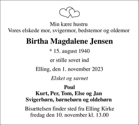 Birtha Magdalene Jensen Dødsannoncer I Danmark