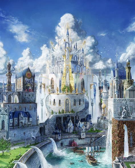 An Artistic Painting Of A Castle In The Sky With Water Flowing From It