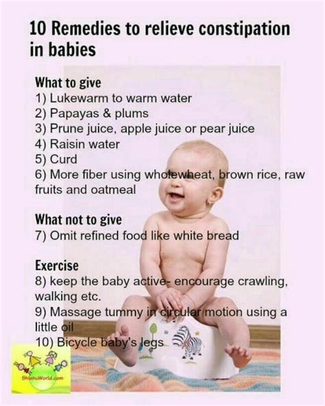 Offer your baby a small amount of water or a daily serving of 100 percent apple, prune or pear juice in addition to usual feedings. What all foods cause constipation in babies?