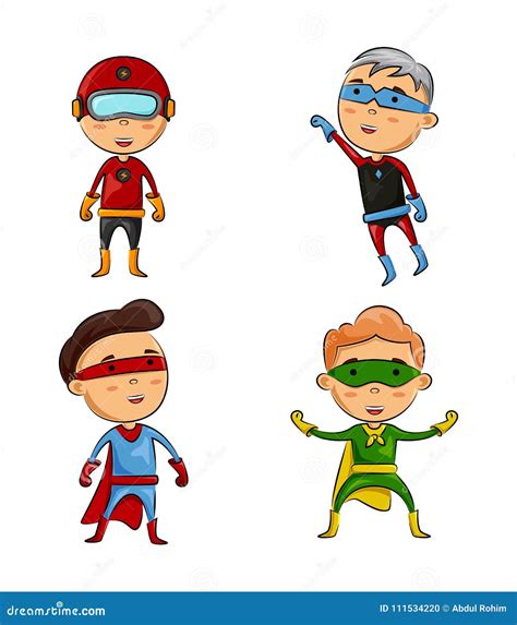 Cute Four Kids Wearing Superhero Costumes With Different Pose Stock