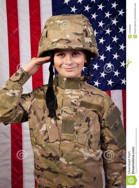 Boy USA Soldier Saluting In Front Of American Flag. Stock ...