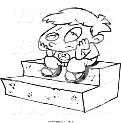 Vector Of A Cartoon Bored Boy Sitting On Steps Coloring Page Outline