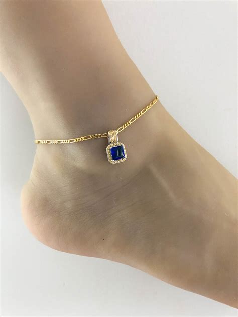 Blue Sapphire Figaro Anklet Gold Figaro Chain Anklet Etsy