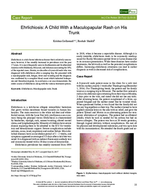 Pdf Ehrlichiosis A Child With A Maculopapular Rash On His Trunk