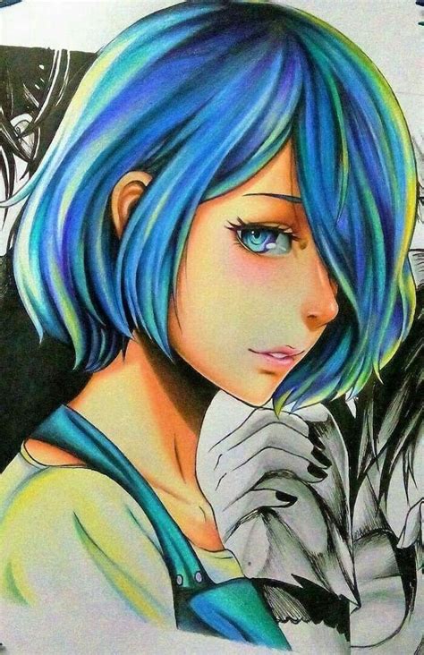 Blue Hair Colourful Pencil Sketch Cute Anime Drawings Blue Eyes Dessin