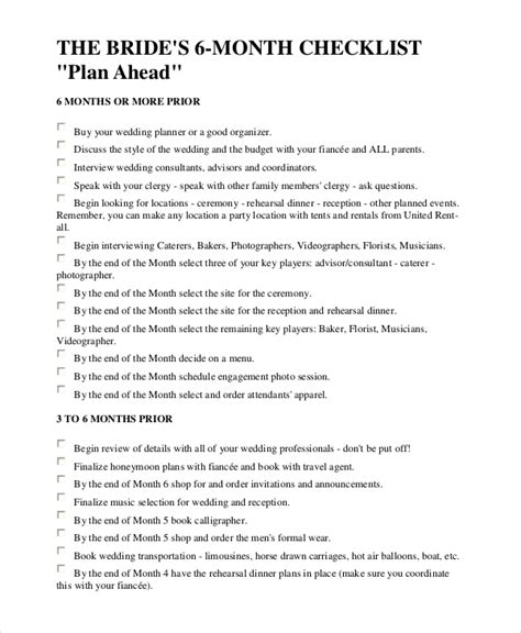 Free Printable 6 Month Wedding Planning Checklist Best Design Idea