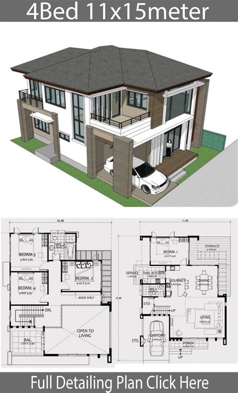 Home Design 11x15m With 4 Bedrooms House Plans 3d
