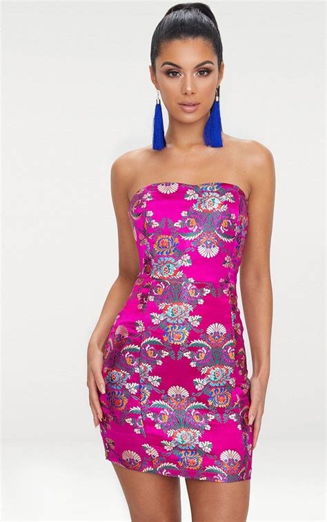 Hot Pink Oriental Satin Bandeau Bodycon Dress Bandeau Bodycon Dress