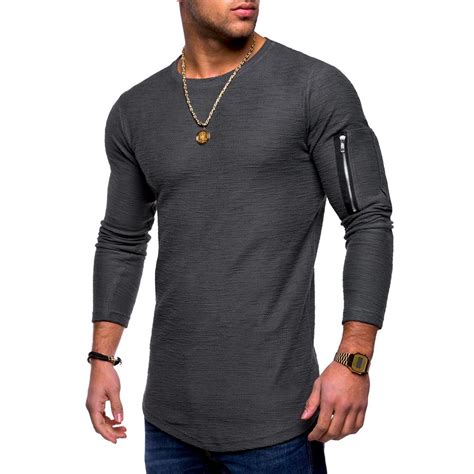 Missky Men T Shirt Casual Long Sleeve Round Neck Solid Color Zipper