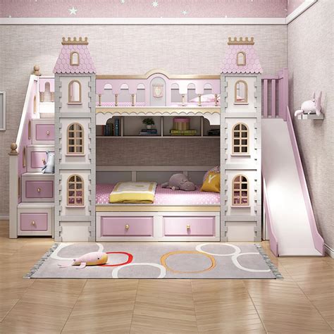 solid wood bunk bed princess girl dream castle bed slide villa bed