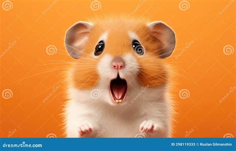 Studio Portrait Of Funny And Excited Hamster On Orange Background With