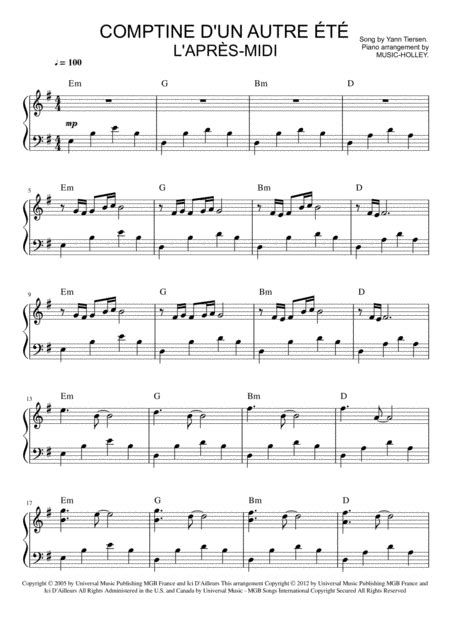 Yann Tiersen Comptine D Un Autret L Aprs Midi Easy Piano Sheet Free