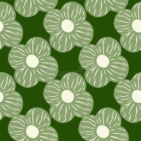 Abstract Seamless Pattern In Green Tones With Doodle Simple Flower