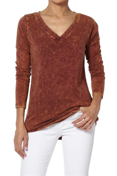 Themogan Womens Plus Mineral Wash Cotton Jersey V Neck Long Sleeve Top