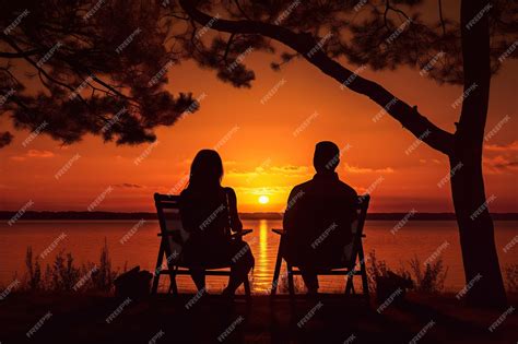 Premium Ai Image Romantic Couple Sitting Together And Enjoying Sunset Near The Sea Honeymoon