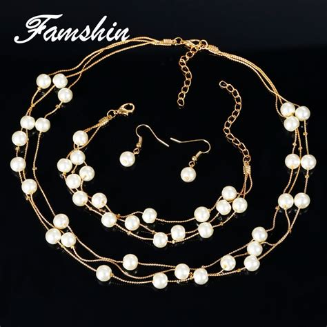 famshin fashion lady wedding pearl jewelry set simulated pearl double layer women necklace