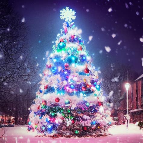 Premium Photo Snow Covered Outdoor Christmas Tree With Multicolored