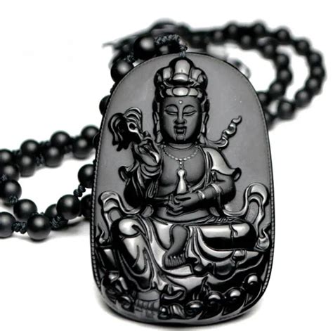 67 43 12mm Natural Black Obsidian Carved Guanyin Buddha Pendants Fit