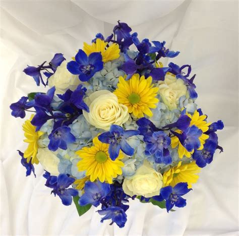 Blue Yellow And White Bridal Bouquet With Delphinium Hydrangea