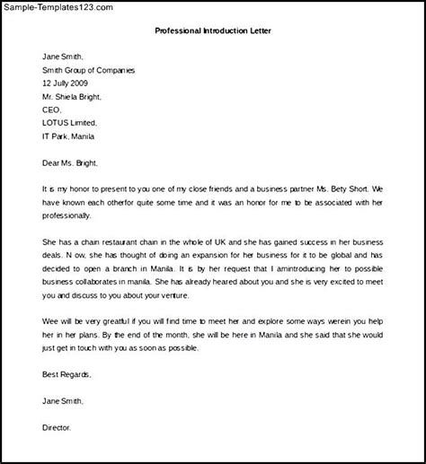 Professional Introduction Letter Template Free Word Format Sample