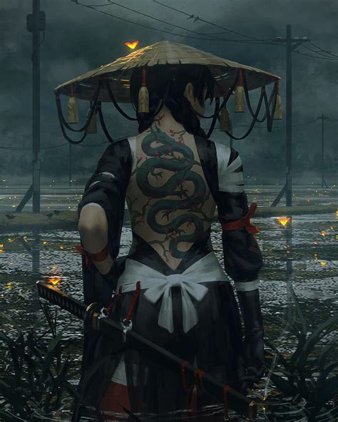 Warrior Fantasy Art Samurai Guweiz Katana Japanese Clothes Tattoo