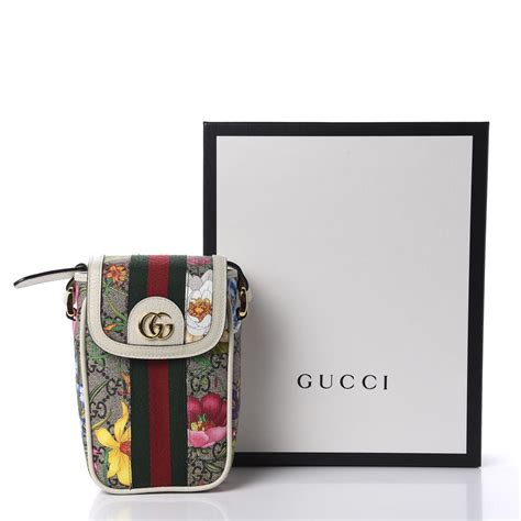 Gucci Gg Supreme Monogram Web Flora Ophidia Phone Crossbody Bag White