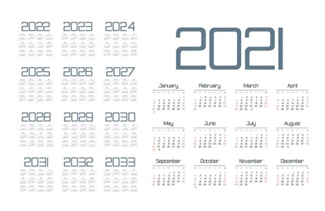 Simple Calendar 2021 2033 White Background Vector Illustration Stock