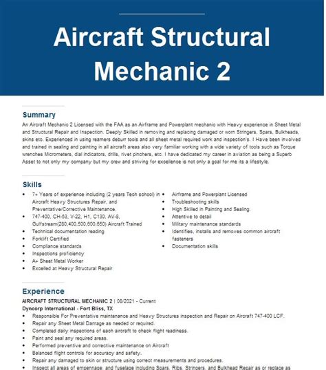 Aircraft Structural Mechanic 2 Resume Example