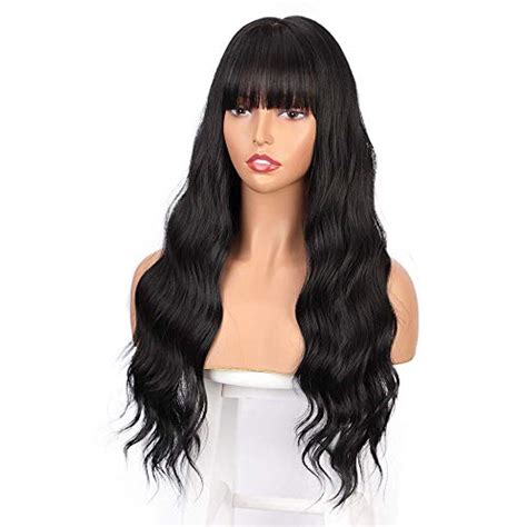 Entranced Styles Long Black Wig With Bangs Wavy Hair Wigs For Women