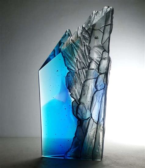 Cliff Edge Blue Grey Glass Sculpture By Crispian Heath