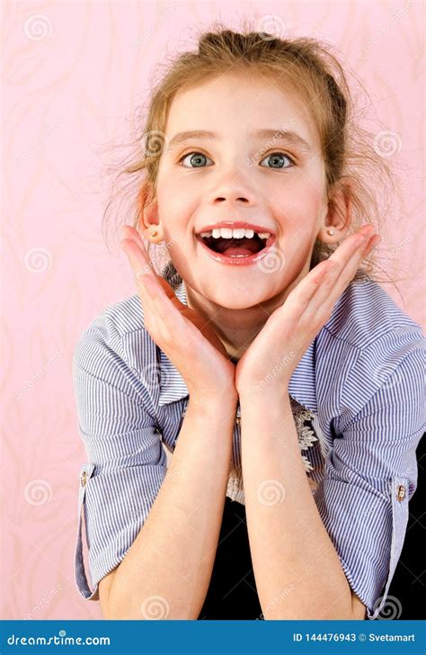 Portrait Of Adorable Smiling Little Girl Schoolgirl Child Stock Image