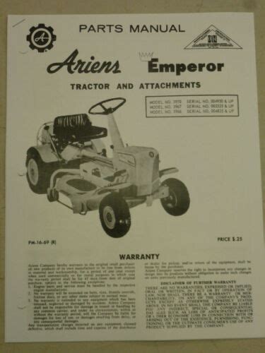 Ariens Emperor Tractor Attachments Parts Model 3970 3967 3966 Manual Pm