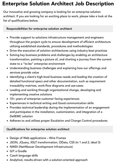 Enterprise Solution Architect Job Description Velvet Jobs
