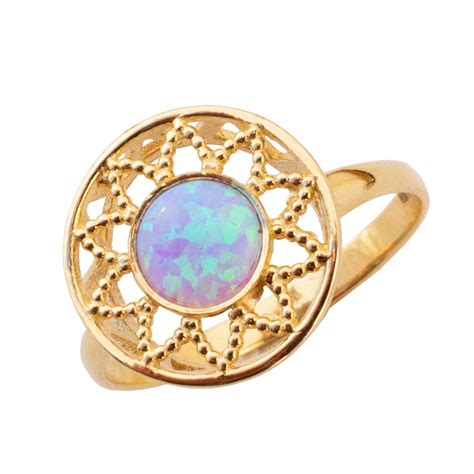 Blue Opal Ring 14k Solid Yellow Gold 6 Mm Round October Birthstone Ebay