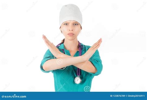 Calm Professional Female Clinic Doctor Hands Palm Cross Making Refuse