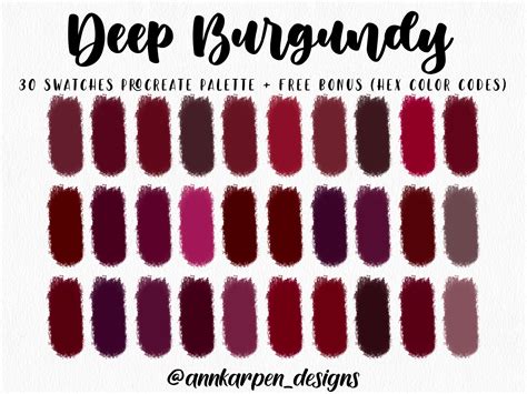 Deep Burgundy Procreate Palette 30 Hex Color Codes Instant Etsy