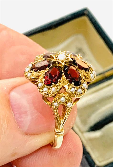 Fabulous Vintage 9ct Yellow Gold Garnet And Pearl Statement Ring