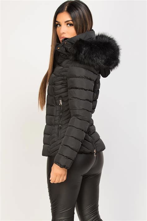 womens black puffer jacket with faux fur hood and quilted detail uk