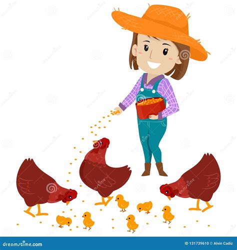 Vector Illustration Of A Farmer Girl Feeding The Chicken With Feeds