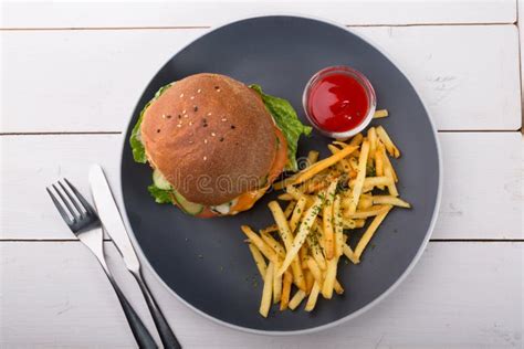 Burger Served With French Fries And Ketchup Stock Image Image Of