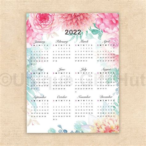 Printable 2022 Watercolor Floral Wall Calendar Watercolor Etsy