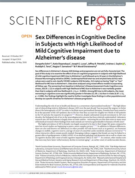 Pdf Sex Differences In Cognitive Decline In Subjects With High Likelihood Of Mild Cognitive