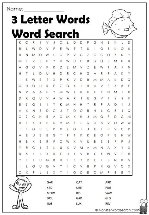 3 Letter Words, 4 Word Search  Monster Word Search  3 letter words