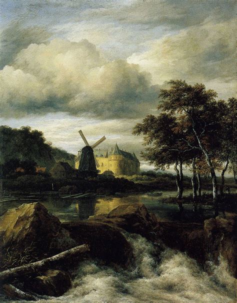 Jacob Van Ruisdael Waterfall With A Castle And A Windmill