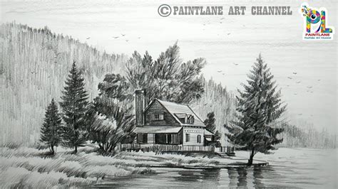 How To Draw Wooden House At Mountain Landscape Area And Lake With