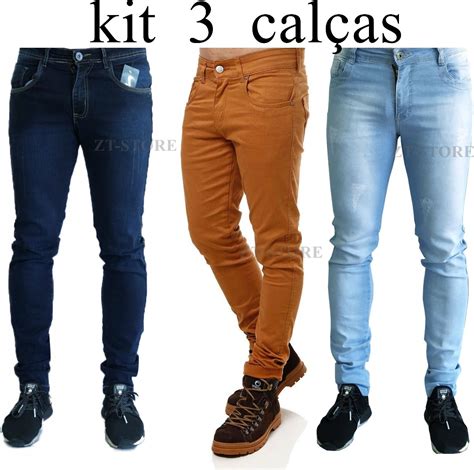 Kit 3 Calça Jeans Sarja Masculina Skinny Lycra Colorida Brim R 119